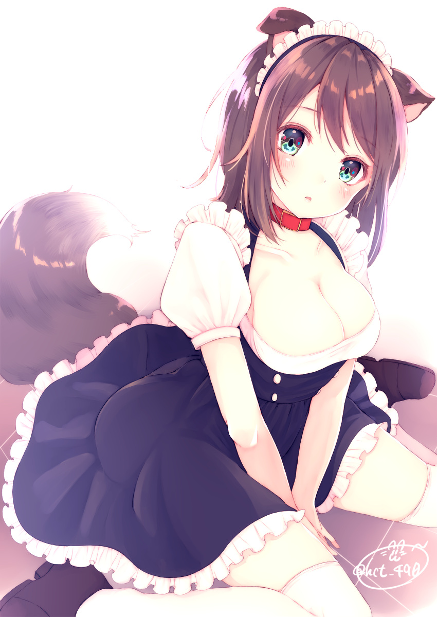 1girl animal_ears bangs black_footwear blue_eyes blush breasts brown_hair chita_(ketchup) choker cleavage collarbone dog_ears dog_tail dress eyebrows_visible_through_hair frilled_dress frills head_tilt highres large_breasts long_hair looking_at_viewer maid maid_headdress original parted_lips puffy_short_sleeves puffy_sleeves shoes short_sleeves signature sitting solo tail tareme thigh-highs twitter_username v_arms wariza white_legwear