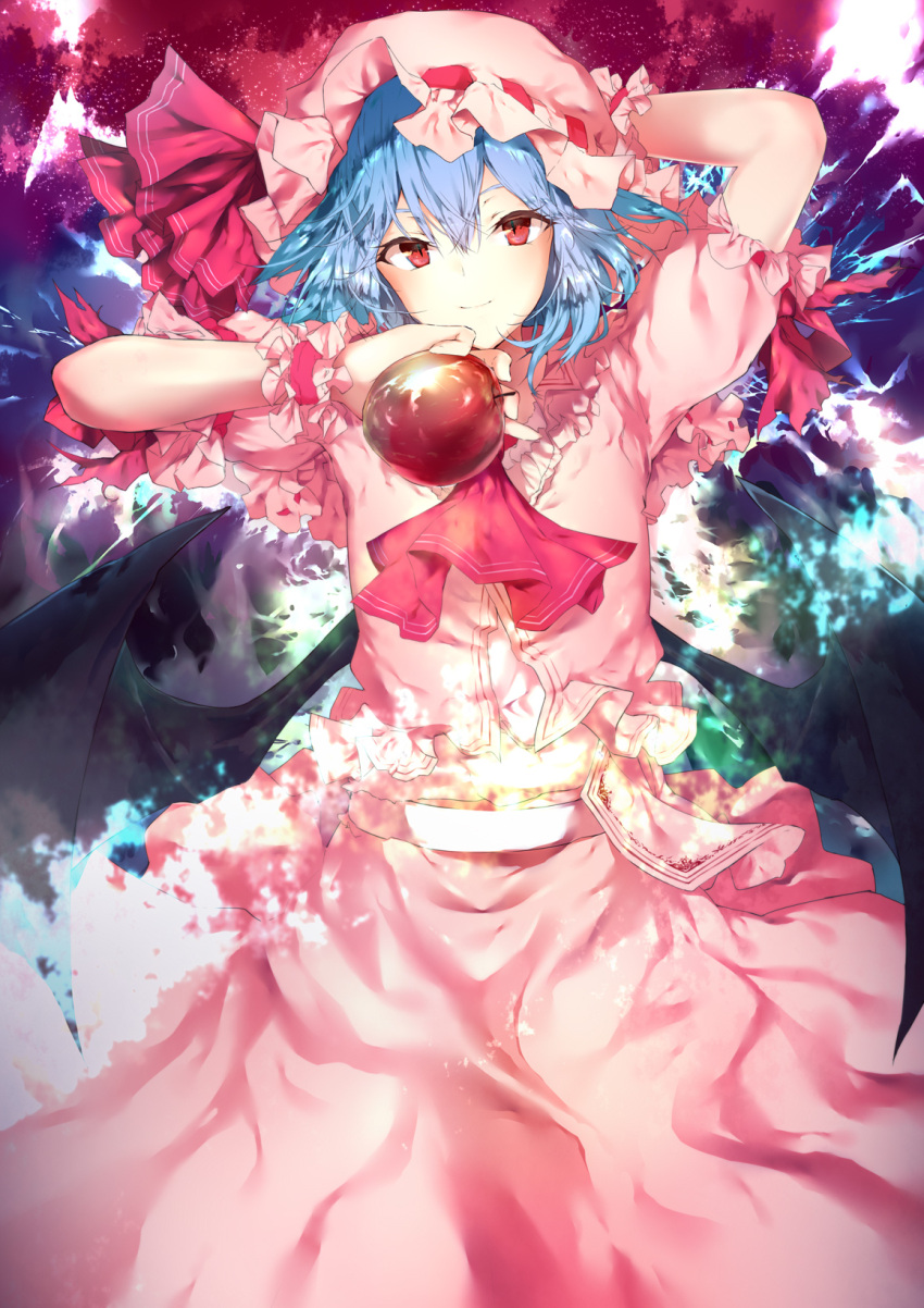 1girl apple arm_behind_head ascot bat_wings blue_hair closed_mouth food fruit hair_between_eyes hand_up hat hat_ribbon head_tilt highres holding holding_fruit looking_at_viewer mob_cap pink_hat pink_skirt red_eyes red_ribbon remilia_scarlet ribbon sakusyo short_sleeves skirt skirt_set smile solo touhou wings wrist_cuffs