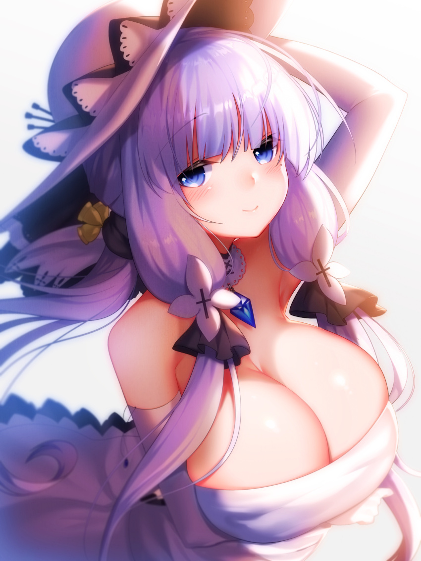1girl arm_up armpits azur_lane bangs bare_shoulders bell blue_eyes blunt_bangs blush breast_hold breasts cleavage closed_mouth commentary cross detached_collar dress elbow_gloves flower frilled_hat frills gem gloves hair_bell hair_flower hair_ornament hair_over_shoulder hair_ribbon hand_on_headwear hat hat_ornament highres huge_breasts illustrious_(azur_lane) jewelry lace-trimmed_collar lace-trimmed_hat long_hair looking_at_viewer low-tied_long_hair mofuaki mole mole_under_eye purple_hair ribbon sidelocks skindentation smile solo strapless strapless_dress sun_hat tareme tri_tails upper_body white_background white_dress