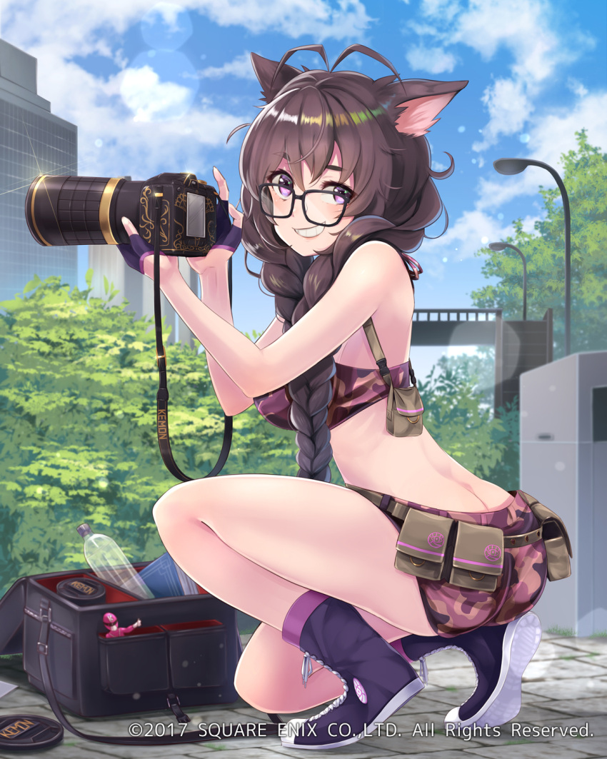 1girl animal_ears antenna_hair ass bag bikini bikini_top blue_sky braid breasts brown_hair building butt_crack camera camouflage camouflage_bikini cat_ears clouds fingerless_gloves glasses gloves grin half_gloves highres kneeling large_breasts long_hair looking_at_viewer mappaninatta official_art outdoors profile short_shorts shorts sky smile swimsuit venus_rumble violet_eyes watermark