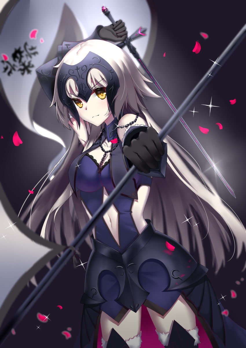 1girl absurdres arm_up armor armored_dress banner black_gloves blue_dress boots breasts chains cleavage collarbone cowboy_shot detached_sleeves dress eyebrows_visible_through_hair fate/grand_order fate_(series) floating_hair fur_trim gloves highres holding holding_sword holding_weapon jeanne_d'arc_(alter)_(fate) jeanne_d'arc_(fate)_(all) large_breasts long_hair looking_at_viewer navel navel_cutout silver_hair sleeveless sleeveless_dress solo standing sword thigh-highs thigh_boots very_long_hair weapon yellow_eyes yiyu_qing_mang