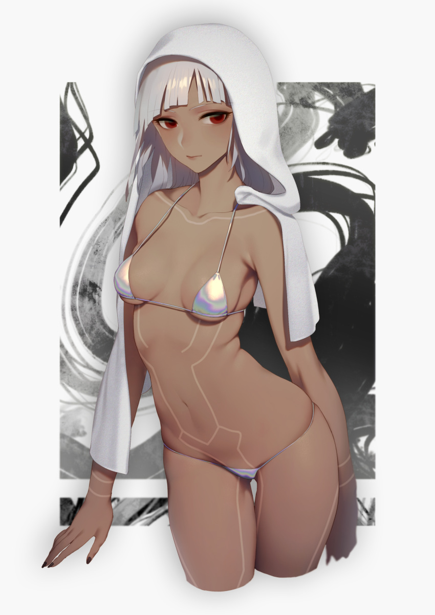 1girl absurdres altera_(fate) arm_at_side bikini breasts closed_mouth cowboy_shot cropped_legs dark_skin expressionless fate/grand_order fate_(series) gluteal_fold halterneck highres looking_at_viewer medium_hair nail_polish navel quuni red_eyes shiny shiny_clothes silver_bikini silver_hair small_breasts solo string_bikini swimsuit thighs towel towel_on_head tsurime
