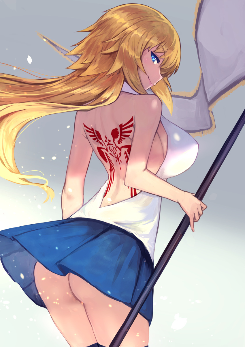 1girl absurdres ass backless_outfit blonde_hair blue_eyes blue_skirt blush breasts closed_mouth command_spell cowboy_shot fate/apocrypha fate_(series) flag from_behind highres jeanne_d'arc_(fate) jeanne_d'arc_(fate)_(all) large_breasts long_hair looking_at_viewer looking_away sawawse sideboob skirt sleeveless sleeveless_turtleneck smile smirk solo tattoo turtleneck very_long_hair