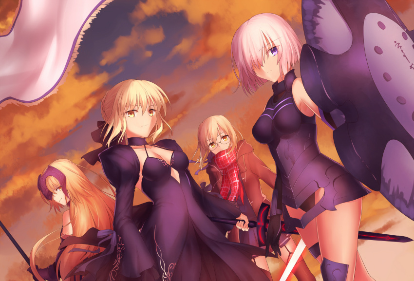 4girls armored_leotard artoria_pendragon_(all) banner black_dress black_gloves black_leotard black_ribbon blonde_hair blue_ribbon blue_shirt blue_skirt breasts breasts_apart brown_coat brown_eyes clouds cloudy_sky coat dark_excalibur dress dutch_angle elbow_gloves eyebrows_visible_through_hair fate_(series) floating_hair garter_straps glasses gloves gogatsu_fukuin hair_between_eyes hair_over_one_eye hair_ribbon highres holding holding_shield holding_sword holding_weapon jeanne_d'arc_(alter)_(fate) jeanne_d'arc_(fate) jeanne_d'arc_(fate)_(all) leotard long_hair looking_at_viewer looking_back medium_breasts miniskirt multiple_girls mysterious_heroine_x_(alter) outdoors parted_lips pink_hair pleated_skirt red_scarf ribbon saber_alter scarf shield shielder_(fate/grand_order) shirt short_hair short_hair_with_long_locks skirt sky sleeveless sleeveless_dress smile standing sword thigh_strap very_long_hair violet_eyes weapon