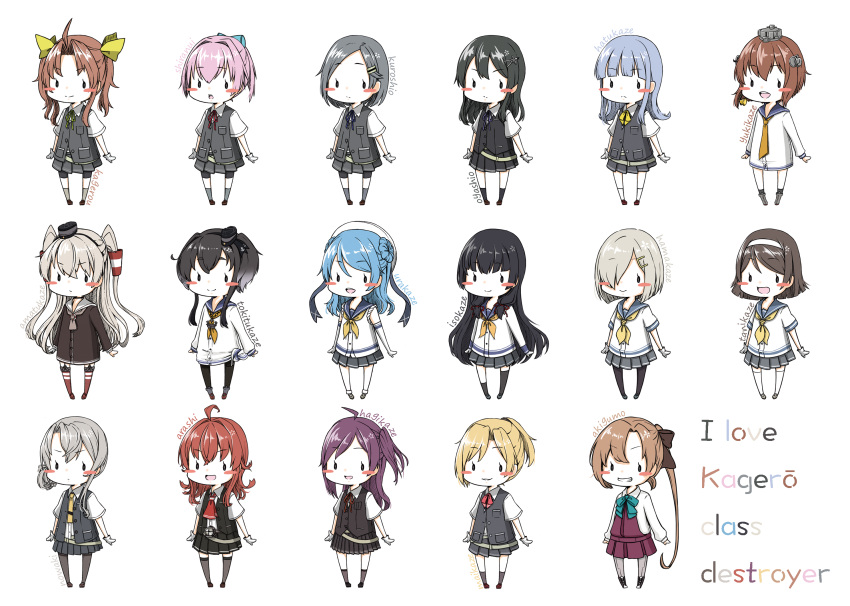 6+girls akigumo_(kantai_collection) amatsukaze_(kantai_collection) arashi_(kantai_collection) asymmetrical_legwear bangs bike_shorts black_hair black_legwear blonde_hair blue_hair blunt_bangs bob_cut brown_hair character_name chibi chimaki. dress english full_body grey_legwear hagikaze_(kantai_collection) hair_over_one_eye hamakaze_(kantai_collection) hatsukaze_(kantai_collection) headgear highres isokaze_(kantai_collection) kantai_collection kuroshio_(kantai_collection) long_hair maikaze_(kantai_collection) multiple_girls nowaki_(kantai_collection) oyashio_(kantai_collection) pantyhose pink_hair ponytail redhead sailor_dress school_uniform serafuku shiranui_(kantai_collection) short_hair silver_hair single_thighhigh tanikaze_(kantai_collection) thigh-highs tokitsukaze_(kantai_collection) twintails urakaze_(kantai_collection) white_legwear yukikaze_(kantai_collection) |_|