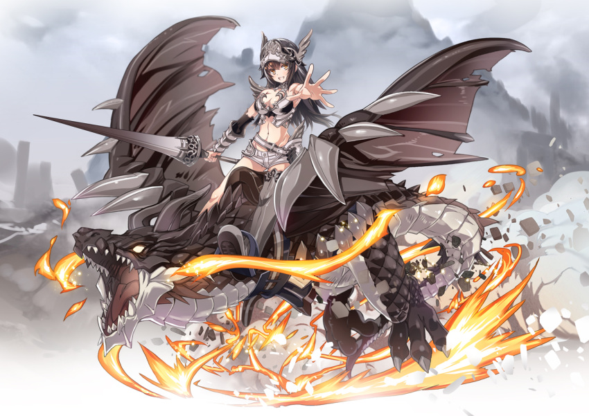 1girl :d bare_shoulders black_hair breasts brown_eyes cleavage dragon fire helmet holding holding_weapon lance long_hair looking_at_viewer midriff mountain navel nyoronyoro open_mouth original polearm riding sharp_teeth shorts smile solo teeth weapon
