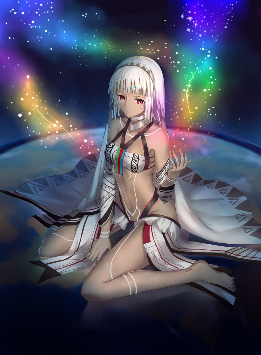 1girl altera_(fate) bangs bare_shoulders barefoot blunt_bangs breasts closed_mouth dark_skin detached_sleeves fate/extella fate/extra fate_(series) full_body full_body_tattoo gogatsu_fukuin highres looking_at_viewer navel red_eyes short_hair sitting small_breasts solo stomach tattoo veil wariza white_hair