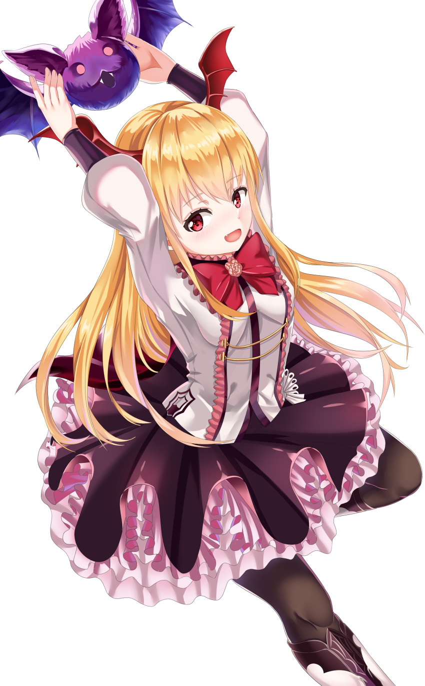 1girl :d absurdres arms_up black_legwear blonde_hair bow bowtie eyebrows_visible_through_hair fang floating_hair gatari hair_between_eyes head_wings highres layered_skirt long_hair looking_at_viewer one_leg_raised open_mouth red_bow red_eyes red_neckwear red_wings shingeki_no_bahamut shirt simple_background smile solo standing standing_on_one_leg very_long_hair white_background white_shirt wings