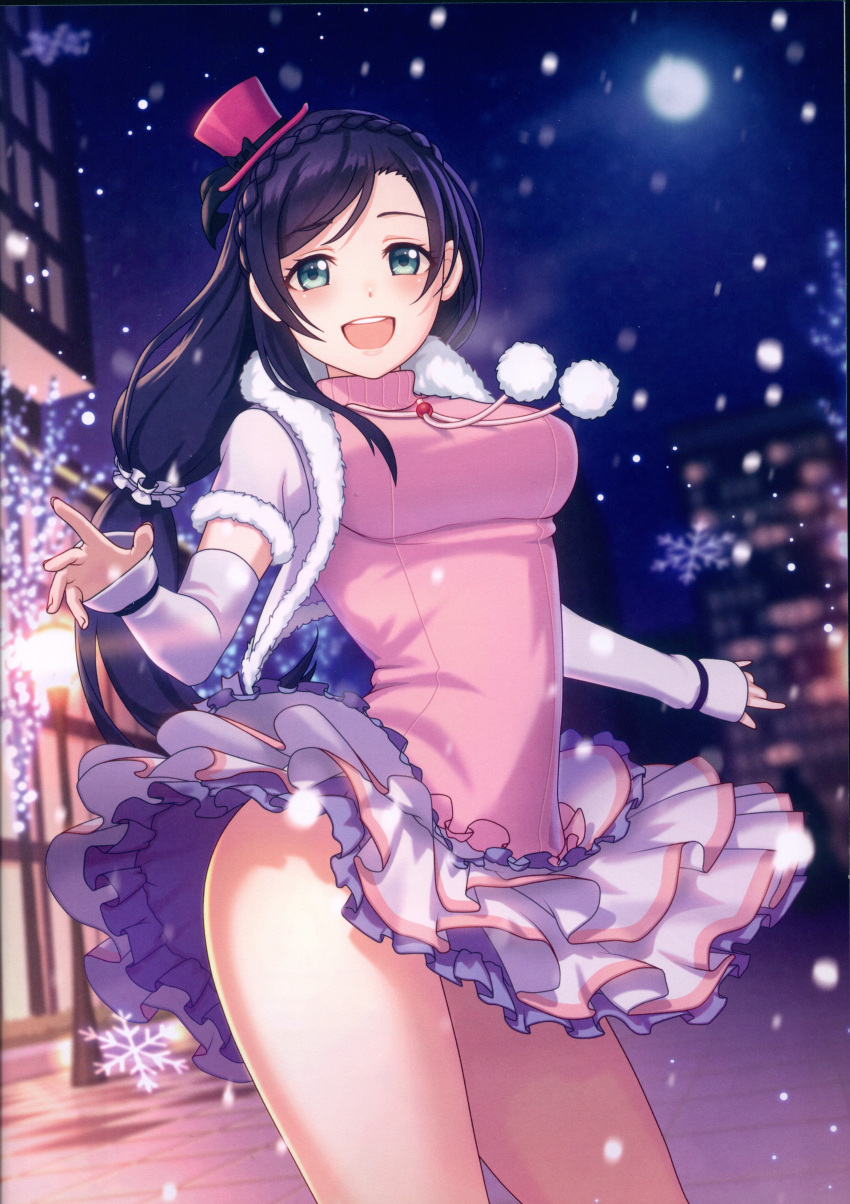 1girl absurdres bangs braid breasts building crown_braid elbow_gloves eyebrows_visible_through_hair fur_trim gloves green_eyes hair_ornament hat highres huge_filesize jacket layered_skirt long_hair looking_at_viewer love_live! love_live!_school_idol_project medium_breasts mini_hat moon night night_sky open_clothes open_jacket open_mouth outdoors piu_(mepod) pom_pom_(clothes) purple_hair scan short_sleeves skirt sky smile snow snowflakes solo toujou_nozomi