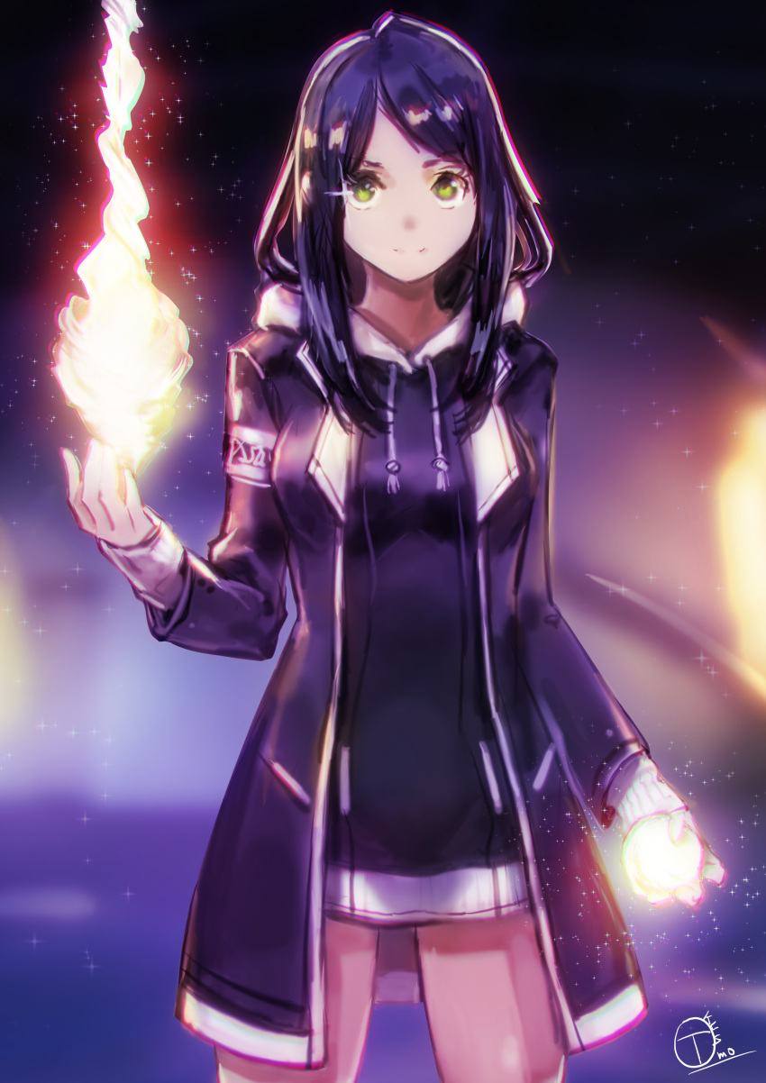 1girl absurdres black_hair blurry blurry_background cowboy_shot green_eyes highres hood hoodie jacket long_hair looking_at_viewer magic magical_girl okuto open_clothes open_jacket original solo standing