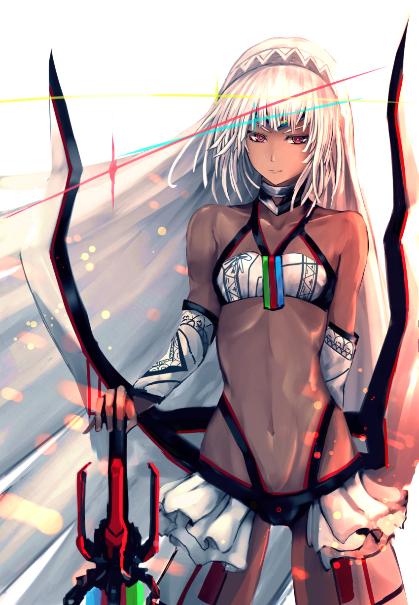 &gt;:) 1girl altera_(fate) bangs bare_shoulders black_panties breasts closed_mouth collarbone cowboy_shot dark_skin detached_sleeves fate/extella fate/extra fate_(series) highres kaze_minoru_so-ru looking_at_viewer midriff navel panties red_eyes small_breasts smile solo stomach tsurime underwear v-shaped_eyebrows veil white_hair