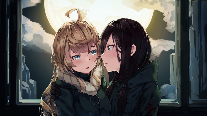 2girls ahoge arm_around_shoulder black_gloves blonde_hair blue_eyes blush brown_hair chito_(shoujo_shuumatsu_ryokou) commentary_request eyebrows_visible_through_hair full_moon fur_trim gloves green_jacket hair_between_eyes hand_on_another's_shoulder highres jacket long_hair looking_at_another low_twintails moon multiple_girls natori_youkai parted_lips profile saliva saliva_trail shoujo_shuumatsu_ryokou twintails upper_body window yellow_eyes yuri yuuri_(shoujo_shuumatsu_ryokou)