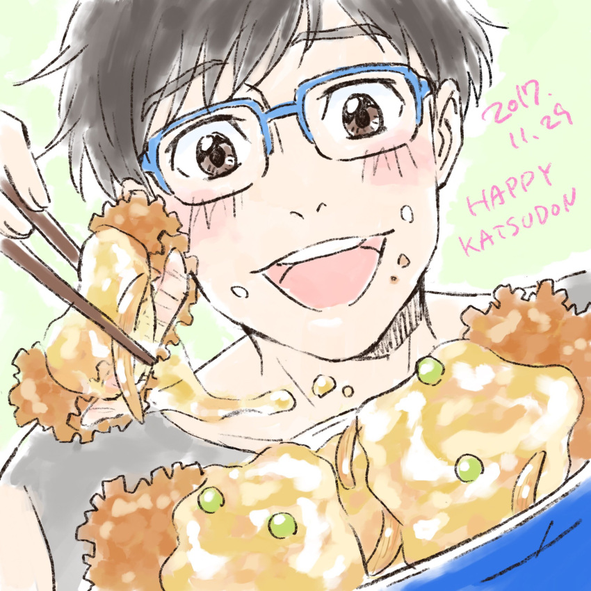 1boy 2017 birthday black_hair blue-framed_eyewear brown_eyes chopsticks dated english food food_on_face glasses highres itou_noriko katsudon_(food) katsuki_yuuri male_focus open_mouth smile yuri!!!_on_ice