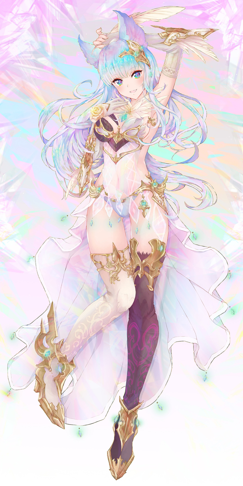 1girl armor artist_request asymmetrical_clothes asymmetrical_gloves asymmetrical_legwear backless_outfit bare_shoulders bikini_armor blue_hair breasts covered_navel elbow_gloves eyebrows_visible_through_hair feathers fingerless_gloves flower full_body gloves granblue_fantasy hair_ornament highres jewelry korwa long_hair looking_at_viewer medium_breasts multicolored_hair navel open_mouth smile solo thigh-highs very_long_hair