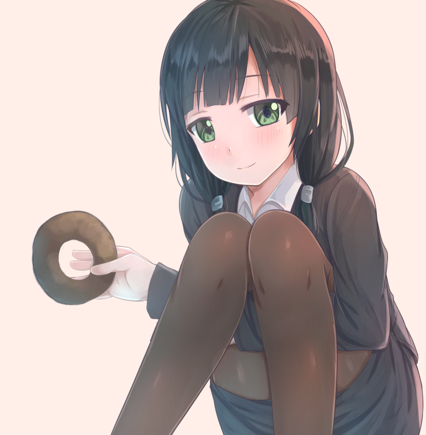 1girl black_hair blush doughnut food full_body green_eyes highres hikari_niji knees_up long_hair looking_at_viewer office_lady pantyhose pink_background shirobako simple_background sitting smile solo yasuhara_ema