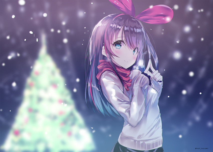 1girl a.i._channel bangs black_skirt blue_eyes blurry blurry_background blush bow breasts brown_hair christmas christmas_ornaments christmas_tree closed_mouth commentary_request eyebrows_visible_through_hair eyelashes fingers_together hair_bow hairband highres kizuna_ai long_hair long_sleeves looking_at_viewer multicolored_hair noto_kurumi pink_bow scarf skirt smile snowing solo streaked_hair sweater twitter_username white_sweater winter_clothes