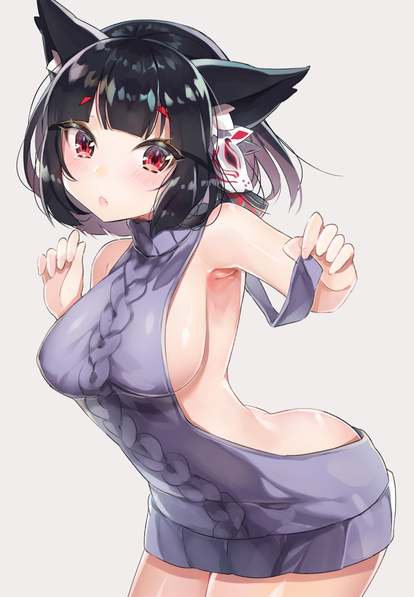 1girl absurdres animal_ears armpits ass azur_lane backless_outfit bangs bare_shoulders black_hair blunt_bangs blush bob_cut breasts cat_ears chestnut_mouth commentary_request cowboy_shot dress eyebrows_visible_through_hair eyelashes fang fox_mask hair_ribbon hands_up highres holding large_breasts leaning_forward looking_at_viewer mask meme_attire parted_lips red_eyes ribbon shiny shiny_hair short_hair sideboob sidelocks simple_background sleeveless sleeveless_turtleneck solo sweater sweater_dress tareme tears thick_eyebrows turtleneck virgin_killer_sweater white_background yamashiro_(azur_lane) yayoichi_(yoruyoru108)