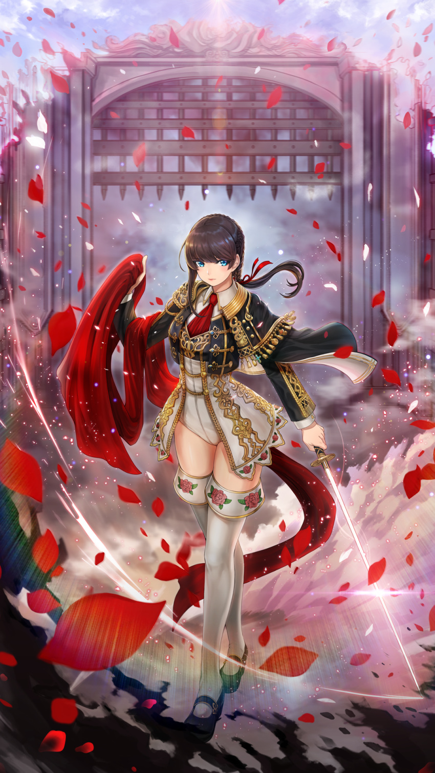 1girl asymmetrical_hair black_hair blue_eyes blush braid cape capelet character_request closed_mouth cropped_jacket floral_print full_body hair_ribbon highres holding holding_sword holding_weapon long_hair long_sleeves looking_at_viewer matador mhg_(hellma) petals rapier red_neckwear ribbon rose_petals rose_print solo standing sword thigh-highs tree_of_savior weapon white_legwear