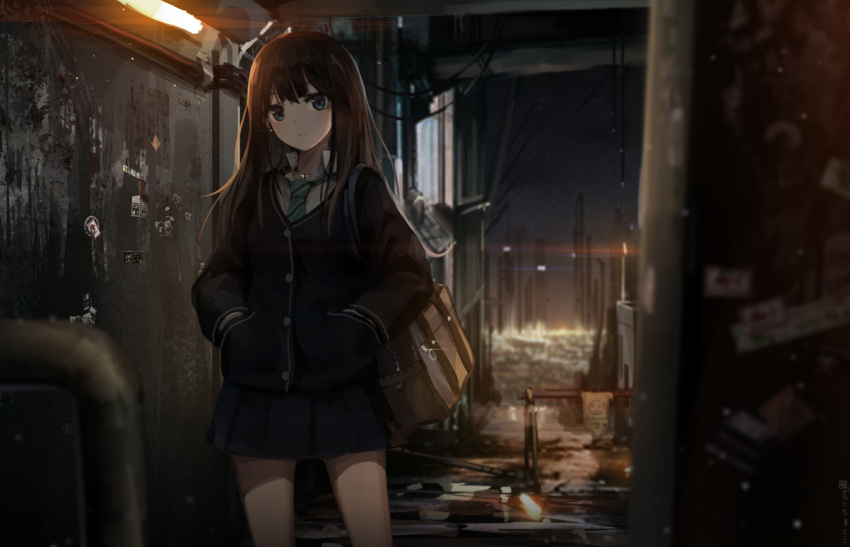 1girl alley bag bangs black_coat blunt_bangs blurry blurry_background blurry_foreground brown_hair city city_lights closed_mouth coat collared_shirt cowboy_shot depth_of_field earrings expressionless eyebrows_visible_through_hair glint green_eyes green_neckwear hands_in_pockets idolmaster idolmaster_cinderella_girls jakoujika jewelry legs_apart long_hair long_sleeves looking_at_viewer miniskirt necktie night night_sky outdoors over_shoulder pipes school_bag school_uniform shibuya_rin shirt sign skirt sky solo standing striped_neckwear trash wing_collar