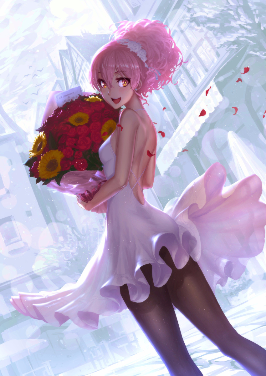 1girl :d absurdres black_legwear blush bouquet commentary_request dress dutch_angle flower from_behind highres holding holding_bouquet idolmaster idolmaster_cinderella_girls jougasaki_mika looking_at_viewer looking_back noname_(metaldragonfly) open_mouth outdoors pantyhose petals pink_hair smile solo standing white_dress
