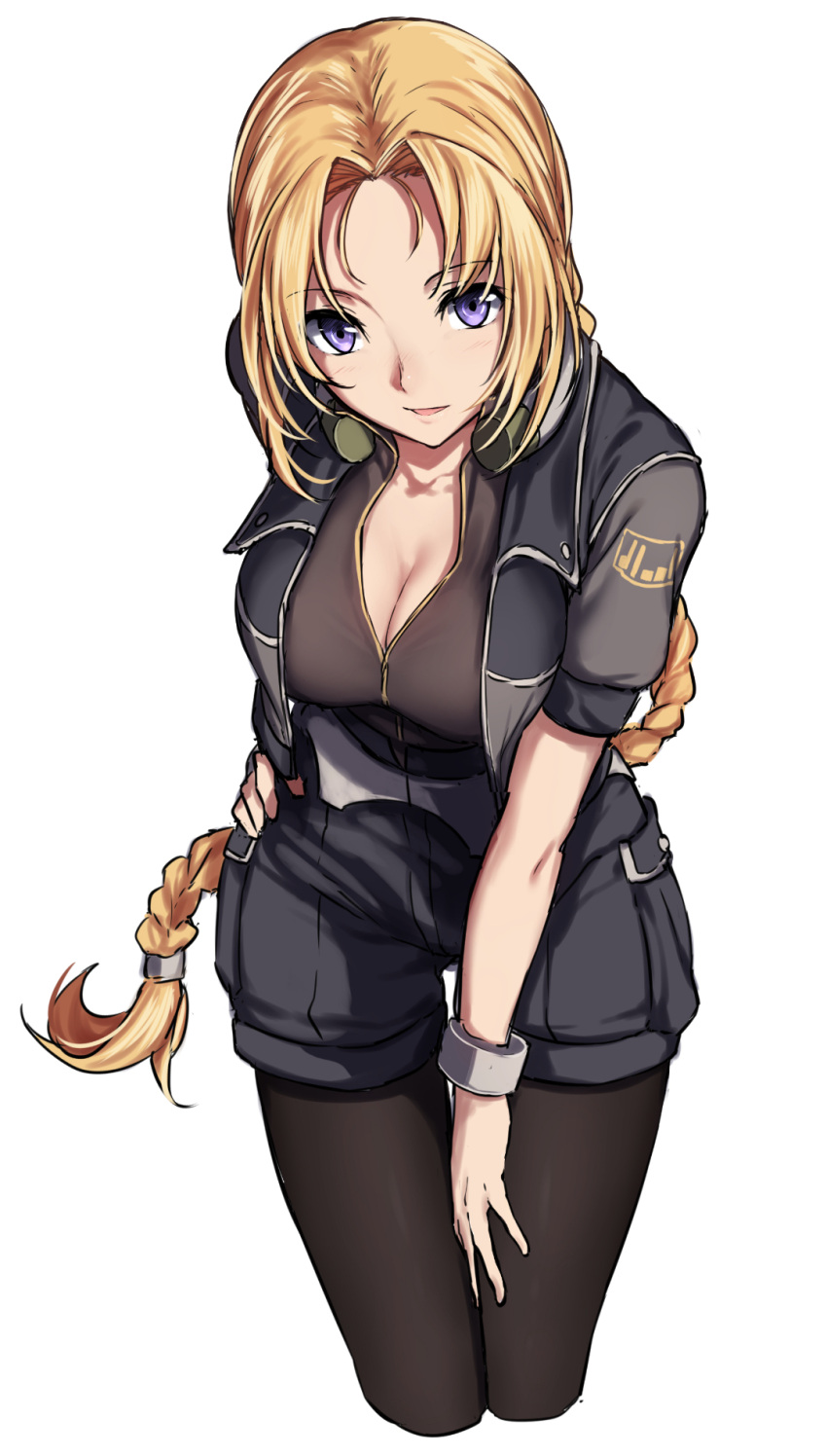 1girl bangs black_shorts blonde_hair blush braid breasts cleavage cropped_jacket cropped_legs eyebrows_visible_through_hair highres jacket large_breasts long_hair looking_at_viewer mirage_koas open_clothes open_jacket pantyhose parted_bangs parted_lips sblack shorts simple_background single_braid solo star_ocean star_ocean_till_the_end_of_time thighs very_long_hair violet_eyes white_background