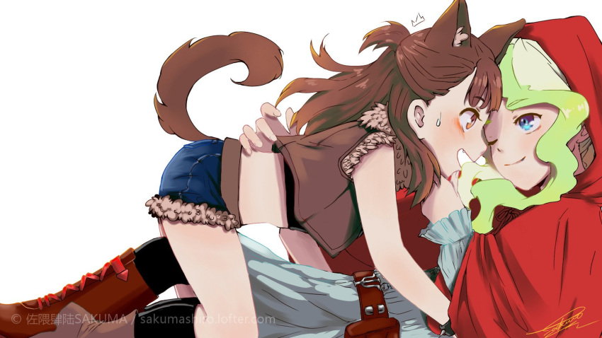 2girls animal_ears artist_name artist_request big_bad_wolf big_bad_wolf_(cosplay) commentary_request cosplay diana_cavendish highres hood kagari_atsuko little_red_riding_hood little_red_riding_hood_(cosplay) little_witch_academia multiple_girls one_eye_closed role_reversal tail wolf_ears wolf_tail yuri