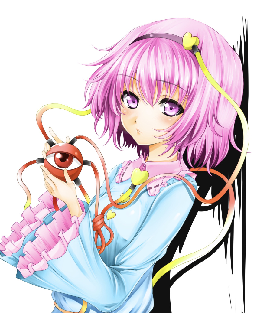 1girl absurdres blue_shirt blush closed_mouth collared_shirt eyeball eyebrows_visible_through_hair frilled_sleeves frills from_side hairband heart highres holding imo_(evekelu-111) komeiji_satori long_sleeves looking_at_viewer pink_eyes pink_hair red_eyes shirt short_hair solo third_eye touhou upper_body white_background wide_sleeves wing_collar