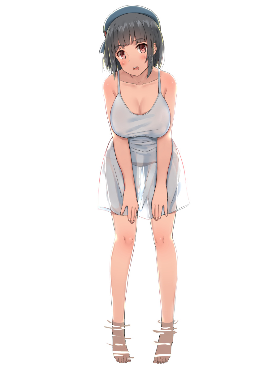 1girl :d absurdres bangs bare_arms bare_legs bare_shoulders barefoot beret black_hair black_panties blue_hat blush breasts dress eyebrows_visible_through_hair full_body groin hands_on_own_thighs hat highres kantai_collection large_breasts leaning_forward legs_apart legs_up open_mouth panties red_eyes revision see-through short_hair simple_background sleeveless sleeveless_dress smile soil_chopsticks solo standing sundress takao_(kantai_collection) tareme toes underwear wading water white_background white_dress