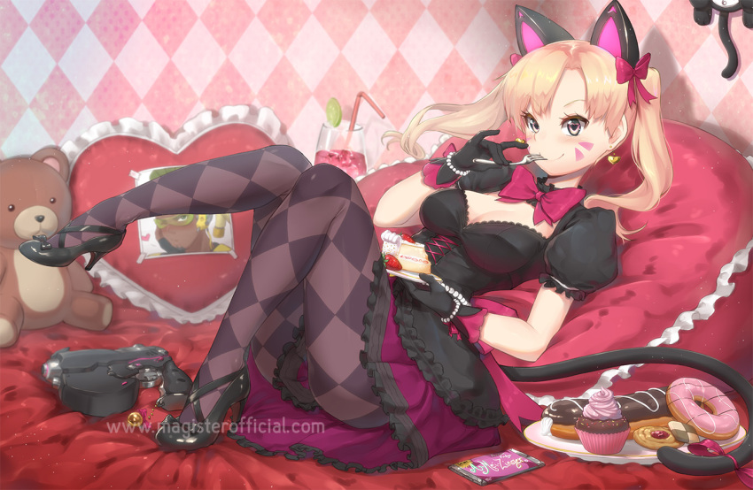 1girl alternate_costume alternate_hairstyle black_cat_d.va black_dress black_gloves black_legwear blonde_hair cake checkered checkered_legwear cookie cupcake d.va_(overwatch) doughnut dress eating eclair_(food) food gloves gothic_lolita gun handgun high_heels lolita_fashion looking_at_viewer magister_(medical_whiskey) overwatch pantyhose pastry photo_(object) pillow solo stuffed_animal stuffed_toy teddy_bear twintails weapon whisker_markings