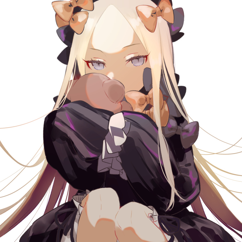 1girl bangs black_bow black_dress blonde_hair bloomers bow covered_mouth dress fate/grand_order fate_(series) hair_bow hands_in_sleeves head_tilt highres long_hair long_sleeves looking_at_viewer object_hug orange_bow parted_bangs salem_(fate/grand_order) simple_background sitting solo stuffed_animal stuffed_toy sunahara_(toki0707) teddy_bear tsurime underwear very_long_hair violet_eyes white_background white_bloomers