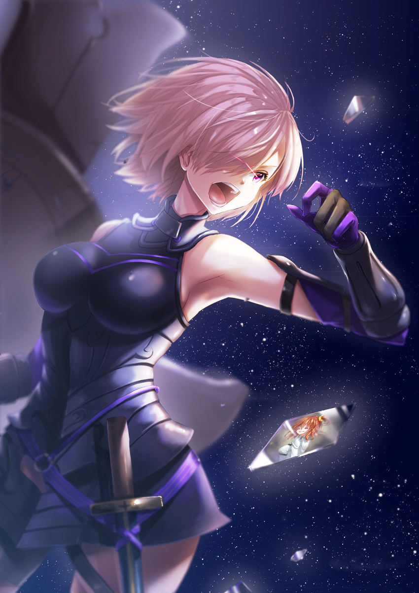 1girl armpits bare_shoulders breasts cowboy_shot elbow_gloves fate/grand_order fate_(series) floating_hair gloves glowing glowing_eyes hair_over_one_eye highres lavender_hair mash_kyrielight medium_breasts open_mouth outdoors pink_eyes short_hair sideboob sky solo standing star_(sky) starry_sky suzu_natsu