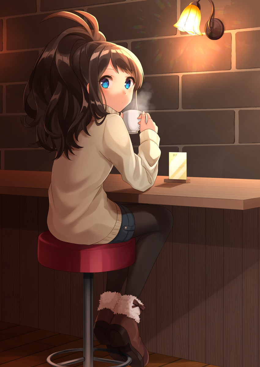 1girl 1o_(ichio) absurdres alternate_costume black_legwear blue_eyes blush brick_wall brown_hair cafe coffee coffee_mug full_body highres indoors long_hair long_sleeves looking_at_viewer looking_back pantyhose pantyhose_under_shorts pokemon pokemon_(game) pokemon_bw ponytail shiny shiny_hair shorts sitting solo stool sweater touko_(pokemon) turtleneck turtleneck_sweater