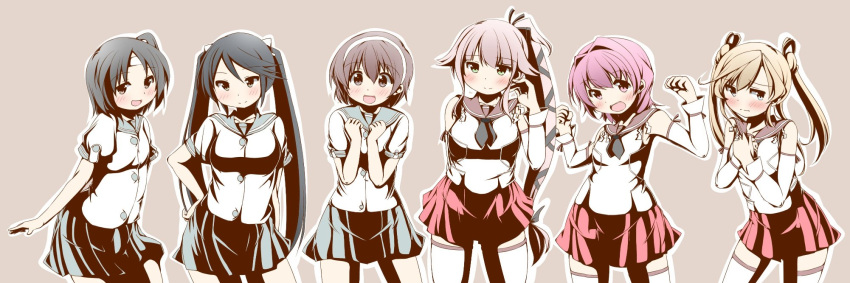 6+girls abukuma_(kantai_collection) alternate_costume bangs black_hair blonde_hair blue_eyes blush brown_eyes brown_hair buttons cosplay costume_switch detached_sleeves double_bun hair_between_eyes hair_ornament hair_ribbon hair_rings hairband headband highres isuzu_(kantai_collection) kantai_collection kinu_(kantai_collection) long_hair looking_at_viewer multiple_girls nagara_(kantai_collection) nanakusa_nazuna natori_(kantai_collection) one_side_up open_mouth pink_hair pleated_skirt ponytail red_eyes redhead ribbon school_uniform serafuku shirt short_hair short_sleeves skirt smile twintails very_long_hair white_shirt yura_(kantai_collection)