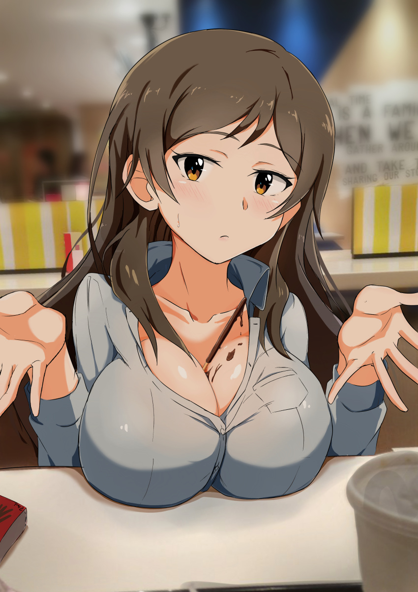 1girl absurdres between_breasts blurry blush breast_rest breasts brown_eyes brown_hair cleavage commentary_request depth_of_field food highres idolmaster idolmaster_million_live! j.roswel kitazawa_shiho large_breasts long_hair melting outstretched_hand pocky solo sweatdrop