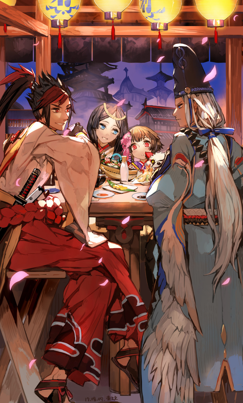 2boys 2girls :d abe_no_seimei_(onmyoji) absurdres alcohol architecture black_gloves black_hair blue_eyes brown_hair chair character_request dog east_asian_architecture eye_contact fingerless_gloves fish_hair_ornament food food_request gloves hair_ornament highres inside katana lantern long_hair looking_at_another multiple_boys multiple_girls night onmyoji open_mouth paper_lantern parted_lips ponytail red_eyes sake sandals short_hair sitting smile sparkling_eyes sword toujou_bun very_long_hair weapon white_hair