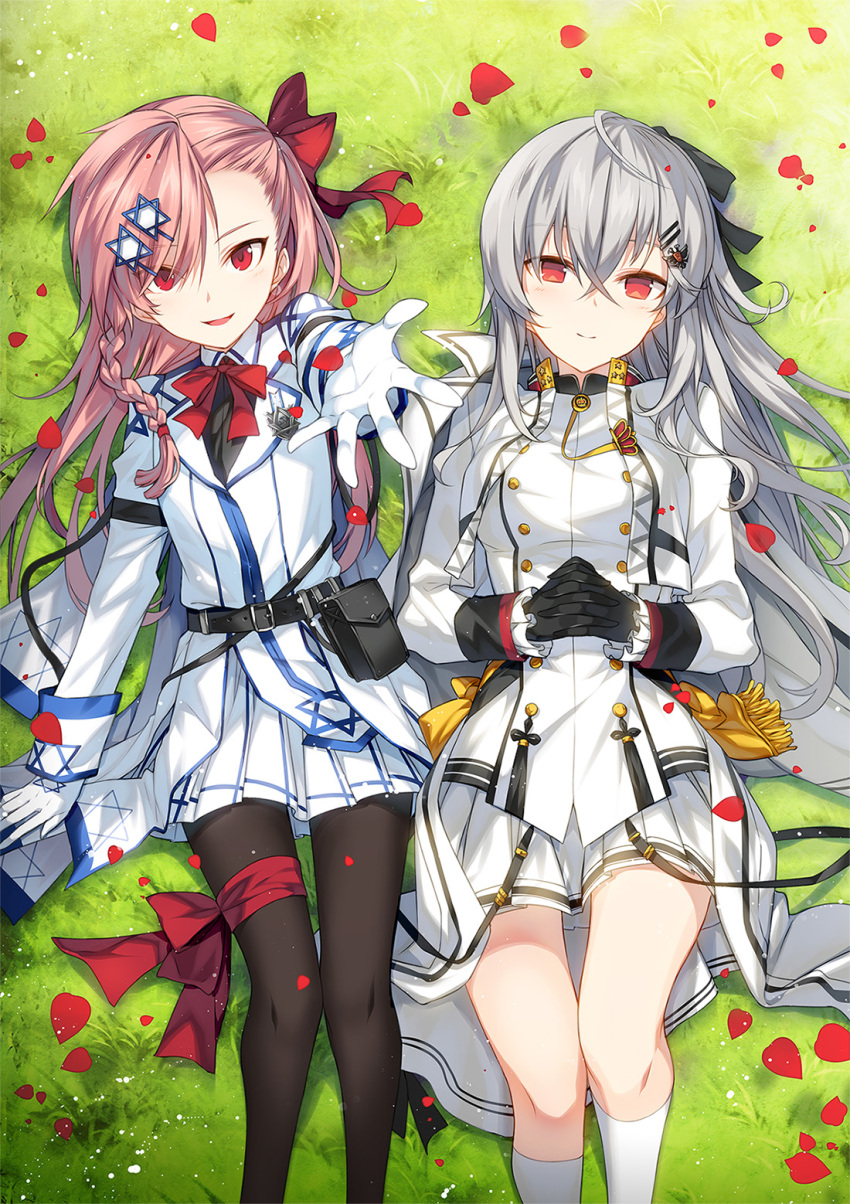 2girls ammunition ammunition_belt arm_at_side armband asymmetrical_hair badge bangs black_legwear blush bow braid collared_blouse collared_jacket commentary_request cowboy_shot eyebrows eyebrows_visible_through_hair eyes_visible_through_hair frown girls_frontline gloves grass gun hair_between_eyes hair_lift hair_ornament hair_ribbon hairclip hands_together hexagram highres holster iws-2000_(girls_frontline) kneehighs knees_up leg_ribbon long_hair looking_at_viewer lying medal military military_uniform multiple_girls negev_(girls_frontline) outdoors outstretched_hand panties pantyhose petals pink_hair red_bow red_eyes ress ribbon silver_hair single_braid skirt smile star_of_david strap thighs underwear uniform weapon white_gloves wind