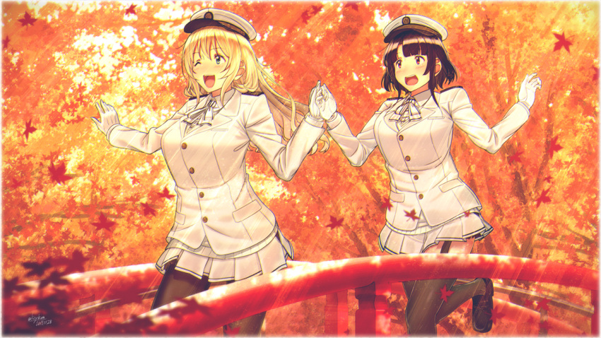 2girls alternate_costume atago_(kantai_collection) autumn_leaves black_gloves black_legwear blonde_hair blush breasts bridge epaulettes garter_straps gloves green_eyes hands_together hat jacket kantai_collection key_kun large_breasts leaf long_hair maple_leaf military military_uniform multiple_girls naval_uniform neck_ribbon open_mouth pantyhose peaked_cap red_eyes ribbon short_hair skirt smile takao_(kantai_collection) thigh-highs tree uniform white_ribbon