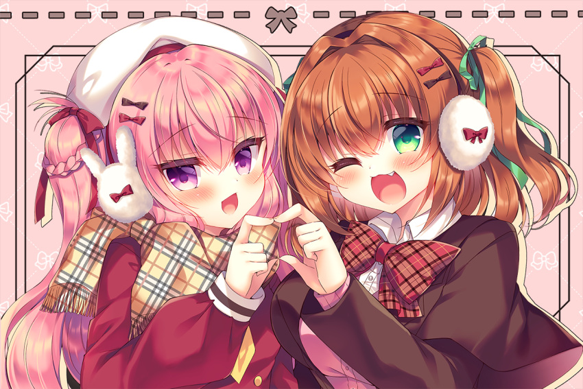 2girls ;d aoki_kaede bangs beret black_bow blush bow breasts brown_bow brown_hair brown_jacket brown_scarf cardigan collared_shirt commentary_request dress_shirt fang fringe_trim green_eyes green_ribbon hair_between_eyes hair_bow hair_intakes hair_ribbon hat heart heart_hands heart_hands_duo jacket large_breasts lilia_chocolanne long_hair long_sleeves looking_at_viewer multiple_girls one_eye_closed original pink_background pink_cardigan pink_hair plaid plaid_bow plaid_scarf puffy_long_sleeves puffy_sleeves red_bow red_shirt ribbon scarf shirt smile suzunone_rena two_side_up upper_body very_long_hair violet_eyes white_headwear white_shirt