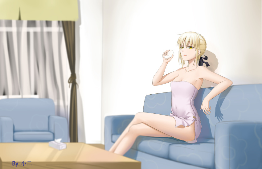 1girl absurdres annoyed armchair artoria_pendragon_(all) blonde_hair breasts chair cleavage coffee_table couch covered_navel cup curtains drinking_glass er_ci_gudu fate/grand_order fate_(series) hair_ribbon highres holding holding_drinking_glass indoors legs_crossed looking_at_viewer naked_towel open_mouth ribbon saber saber_alter sitting solo tissue_box towel yellow_eyes