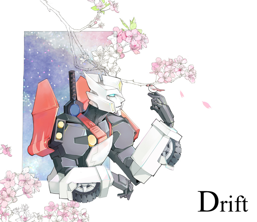 1boy autobot blue_eyes character_name drift flower highres katana machinery no_humans polyrhythm simple_background sword transformers weapon white_background