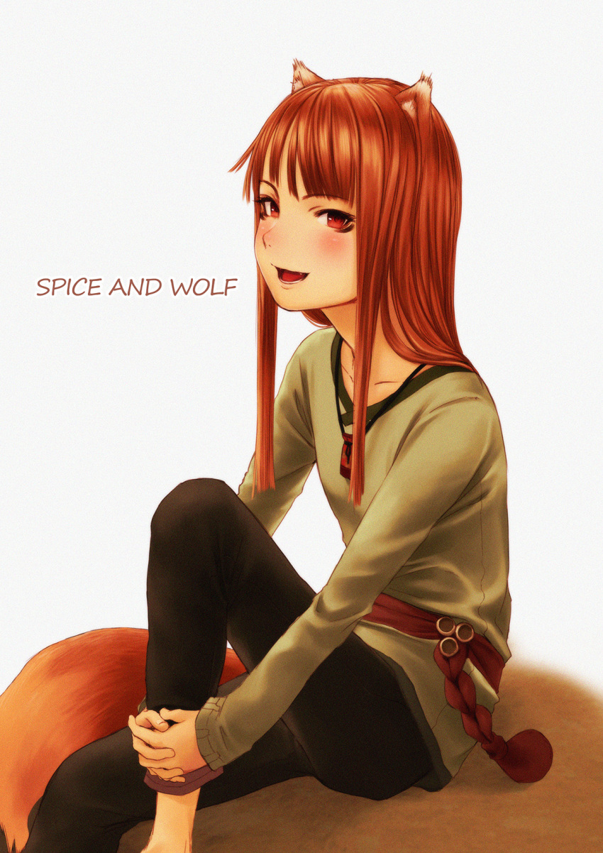 1girl animal_ears black_pants brown_hair copyright_name fang green_shirt grey_background grin highres holo hotateyuki jewelry knee_up long_hair long_sleeves looking_at_viewer necklace no_tail open_mouth pants pouch red_eyes shirt simple_background sitting smile solo spice_and_wolf teeth wolf_ears