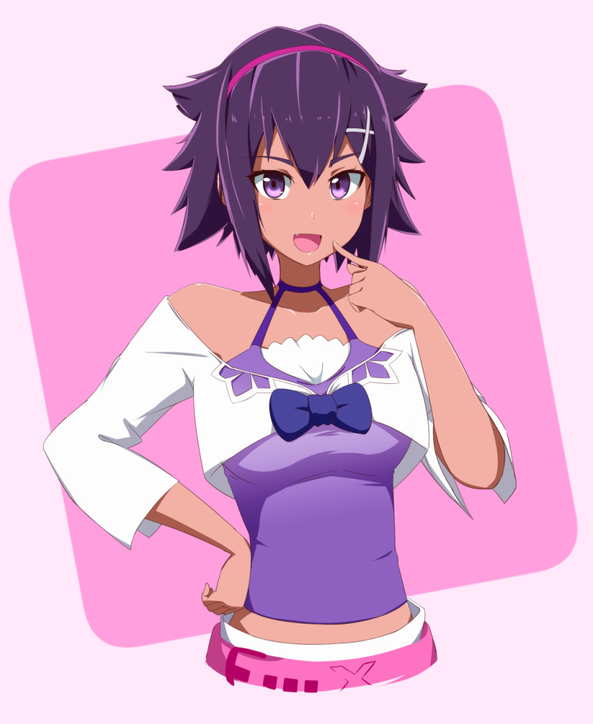 1girl :d acchi_(koiyimknp) bare_shoulders bow digimon digimon_world_-next_0rder- fang hair_between_eyes hair_ornament hairband halter_top halterneck hand_on_hip highres looking_at_viewer midriff off-shoulder_shirt oofuchi_himari open_mouth pointing pointing_at_self purple_hair purple_shirt shirt short_hair smile spiky_hair violet_eyes x_hair_ornament