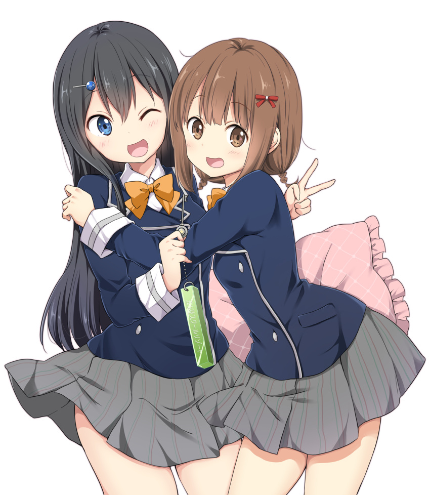 2girls ;d arm_grab bangs black_hair blue_eyes blue_jacket blush bow bowtie braid breasts brown_eyes brown_hair collared_shirt commentary_request eyebrows_visible_through_hair grey_skirt hair_between_eyes hair_ornament hairclip happy highres holding jacket kanaya_neko key keychain long_hair long_sleeves looking_at_another looking_at_viewer medium_breasts multiple_girls one_eye_closed open_mouth orange_neckwear pink_pillow ragho_no_erika school_uniform shirt short_hair simple_background skirt small_breasts smile standing sukurizo! translation_request tsubakiyama_sou twin_braids v white_background white_shirt