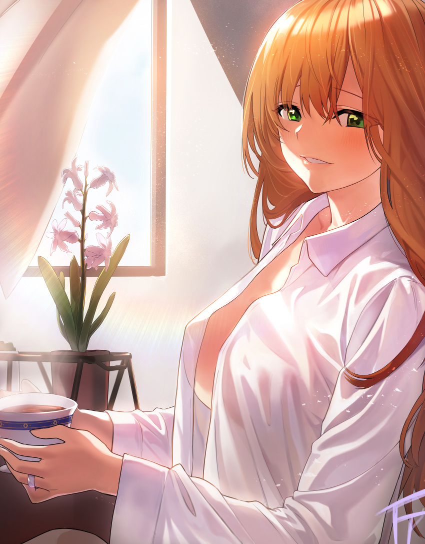 1girl absurdres blush breasts brown_hair cup curtains flower fpanda from_side girls_frontline green_eyes highres indoors jewelry large_breasts long_hair long_sleeves m1903_springfield_(girls_frontline) no_bra open_clothes open_shirt parted_lips ring shirt smile solo sunlight teacup wedding_band