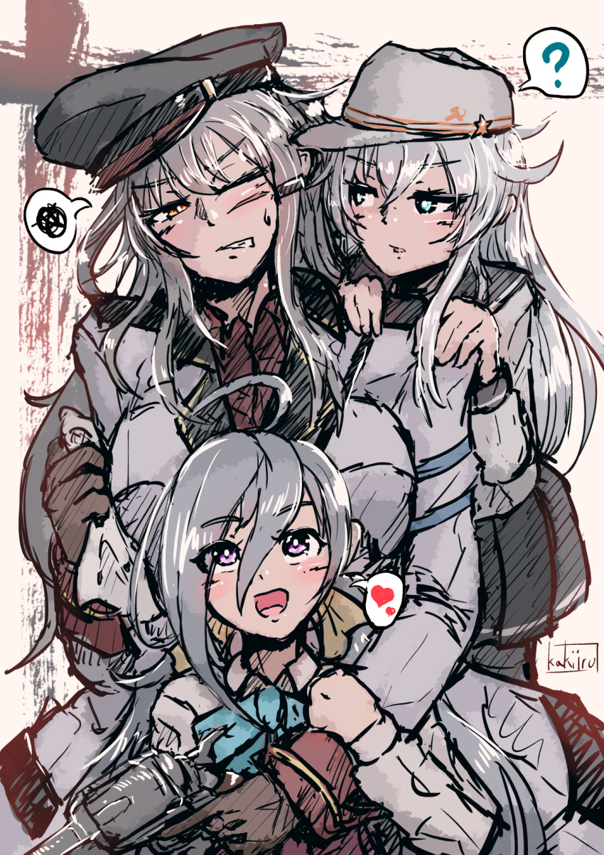 3girls black_legwear black_skirt blue_eyes blush breasts brown_gloves dress flat_cap gangut_(kantai_collection) gloves grey_hair hair_ornament hat heart hibiki_(kantai_collection) highres jacket kakiiro_(takuya) kantai_collection kiyoshimo_(kantai_collection) large_breasts long_hair long_sleeves military military_hat military_jacket military_uniform miniskirt multiple_girls nagant_m1895 naval_uniform neckerchief one_eye_closed open_mouth pantyhose peaked_cap pink_eyes red_eyes red_shirt remodel_(kantai_collection) sailor_collar sailor_dress sailor_hat scar scar_on_cheek school_uniform shirt short_dress silver_hair skirt smile uniform verniy_(kantai_collection) very_long_hair white_shirt