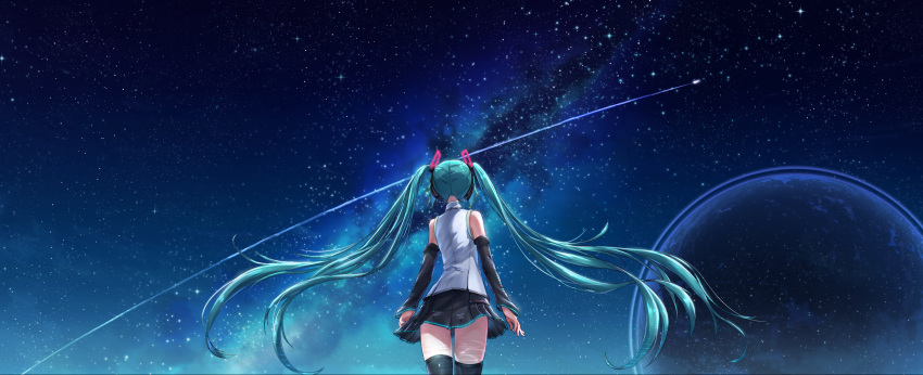 1girl aqua_hair arms_at_sides bare_shoulders black_legwear black_skirt caustics commentary detached_sleeves facing_away floating_hair from_behind hatsune_miku headphones headset highres jirofly long_hair medium_skirt milky_way night night_sky planet pleated_skirt shiny shiny_hair shirt shooting_star skirt sky sleeveless sleeveless_shirt solo space standing star_(sky) starry_sky thigh-highs twintails very_long_hair vocaloid white_shirt zettai_ryouiki