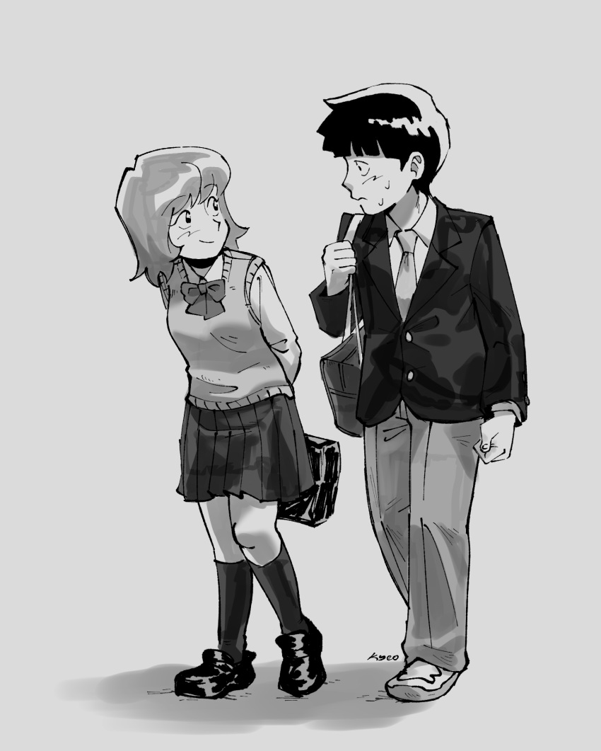 1boy 1girl bag commentary frown fukami_emi greyscale hashtag-only_commentary highres holding holding_bag jacket kageyama_shigeo kneehighs kyokyeo loafers miniskirt mob_psycho_100 monochrome necktie pleated_skirt school_bag shoes skirt smile socks sweat sweater_vest