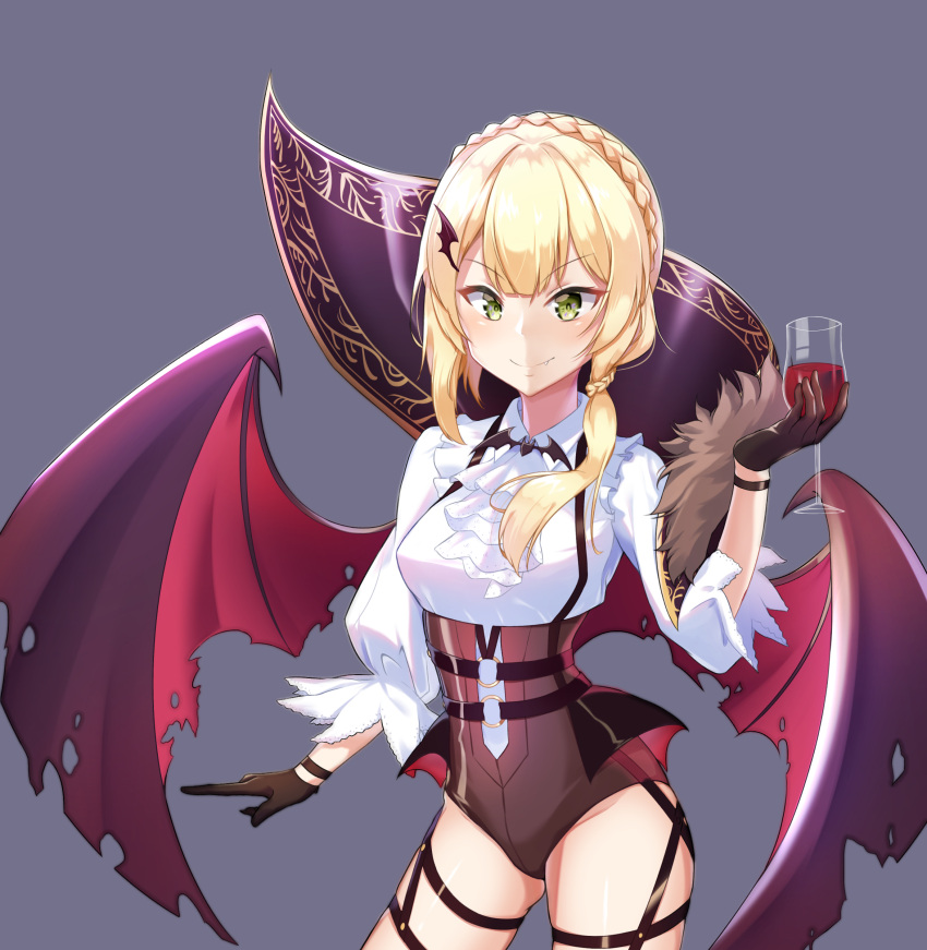 1girl absurdres black_background black_gloves blonde_hair blush braid breasts closed_mouth collared_shirt cup demon_wings drinking_glass eyebrows_visible_through_hair fang_out girls_frontline gloves gluteal_fold hair_ornament hair_over_shoulder hairclip highres holding holding_drinking_glass long_sleeves looking_at_viewer low_ponytail medium_breasts shirt simple_background smile solo ssogari standing v-shaped_eyebrows welrod_mk2_(girls_frontline) white_shirt wine_glass wing_collar wings