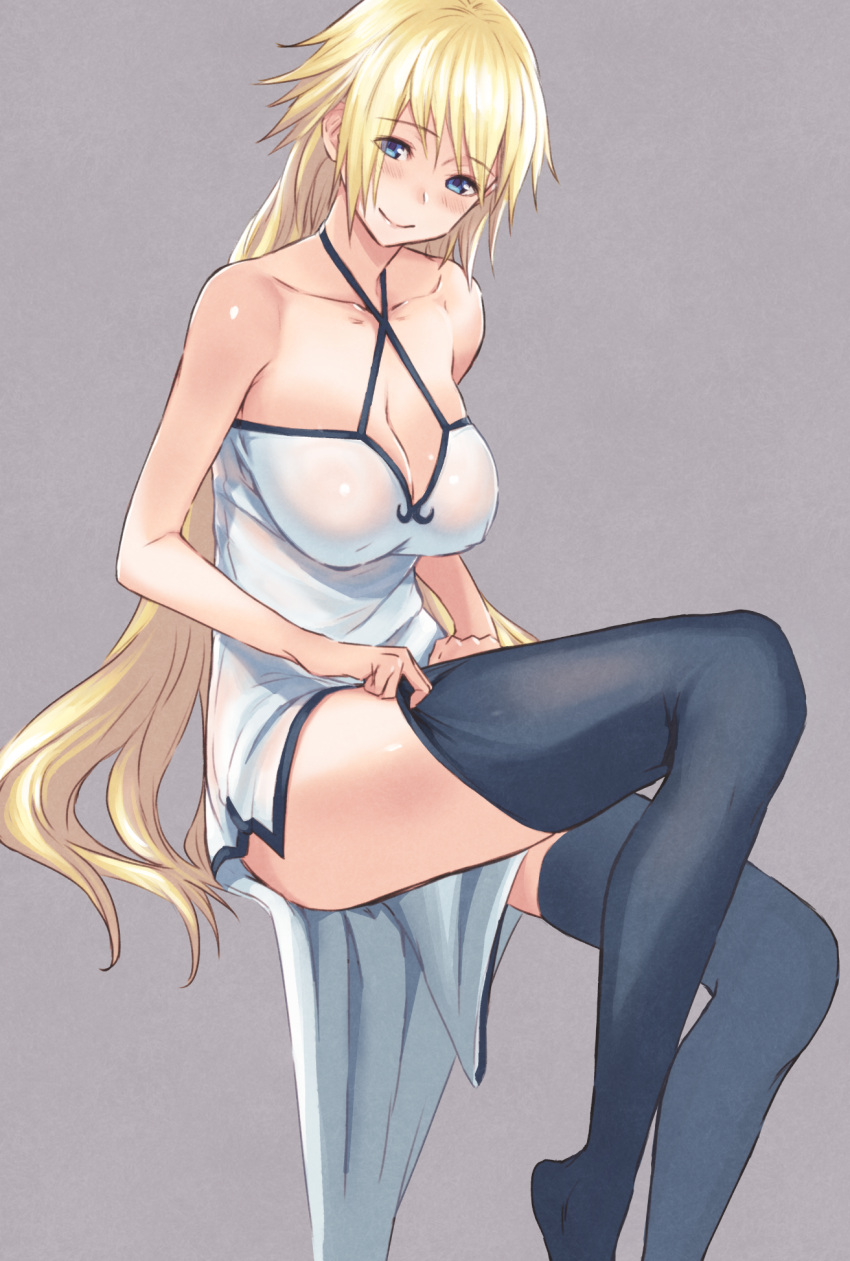 1girl bare_shoulders black_legwear blonde_hair blue_eyes blush breasts cleavage collarbone dress erect_nipples eyebrows_visible_through_hair fate/apocrypha fate_(series) halterneck highres jeanne_d'arc_(fate) jeanne_d'arc_(fate)_(all) large_breasts long_hair looking_at_viewer no_shoes revision simple_background smile solo thigh-highs thighhighs_pull utu_(ldnsft) zettai_ryouiki