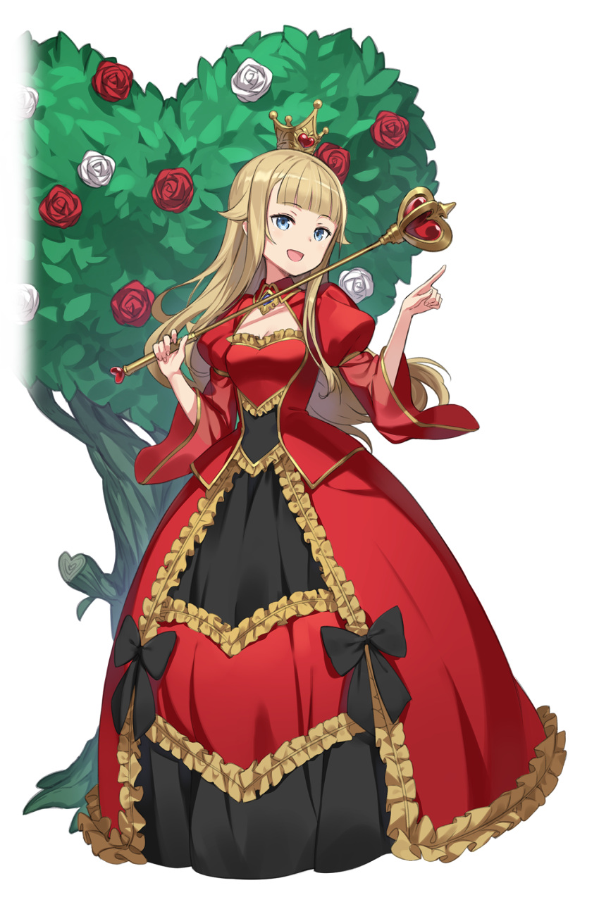 1girl :d alice_in_wonderland bangs black_bow blonde_hair blue_eyes blunt_bangs bow cosplay crown dress flower frilled_dress frills full_body heart highres long_hair looking_at_viewer official_art open_mouth pointing princess_(princess_principal) princess_principal princess_principal_game_of_mission queen_of_hearts queen_of_hearts_(cosplay) red_dress rose scepter smile solo standing transparent_background tree white_rose wide_sleeves